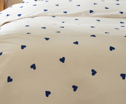 Housse de couette 220x240 - 100% coton - Cœurs bleus sur fond écru