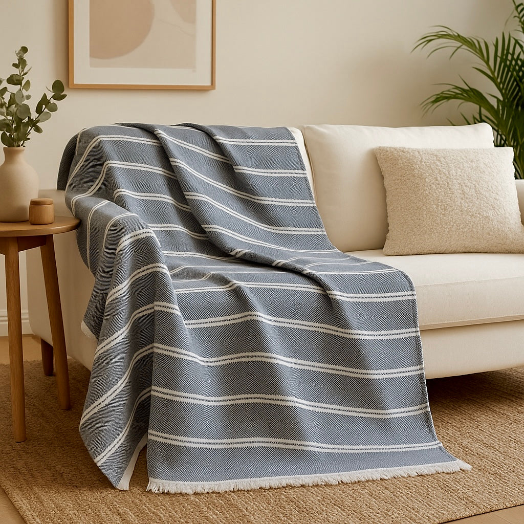 Plaids 100% coton - 150x200cm- Rayures Bleues et blanches-