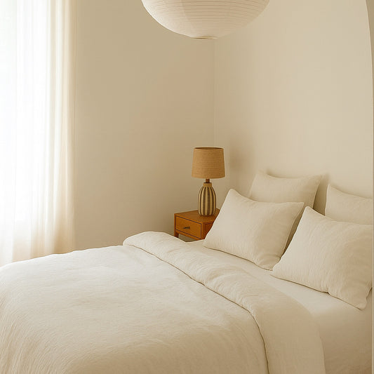 Housse de couette 240x260 - 100% lin lavé - Crème + 2 taies d’oreillers carrées