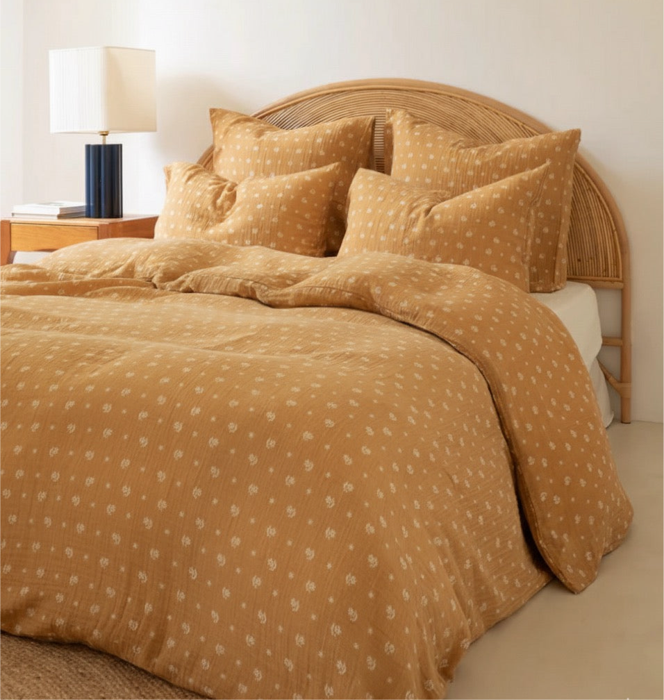 Housse de couette - Gaze de coton - Orange à motif + 2 taies d’oreille ...