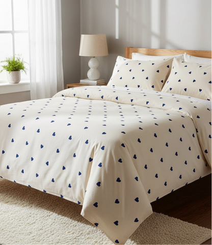 Housse de couette 220x240 - 100% coton - Cœurs bleus sur fond écru