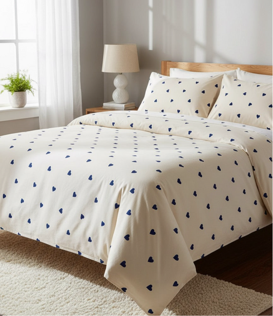 Housse de couette 220x240 - 100% coton - Cœurs bleus sur fond écru