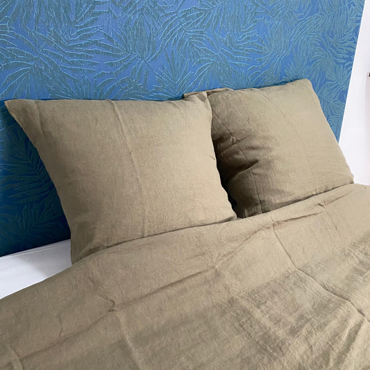 Housse de couette 220x240 + Taies carrés - Vert Kaki - Lin lavé