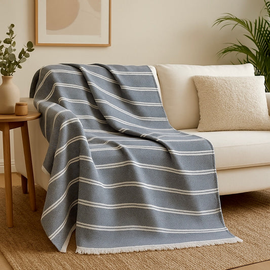 Plaids 100% coton - 150x200cm- Rayures Bleues et blanches-