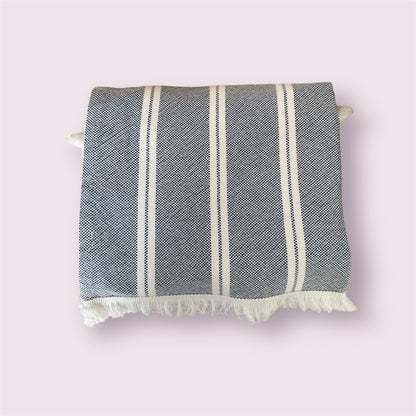 Plaids 100% coton - 150x200cm- Rayures Bleues et blanches-